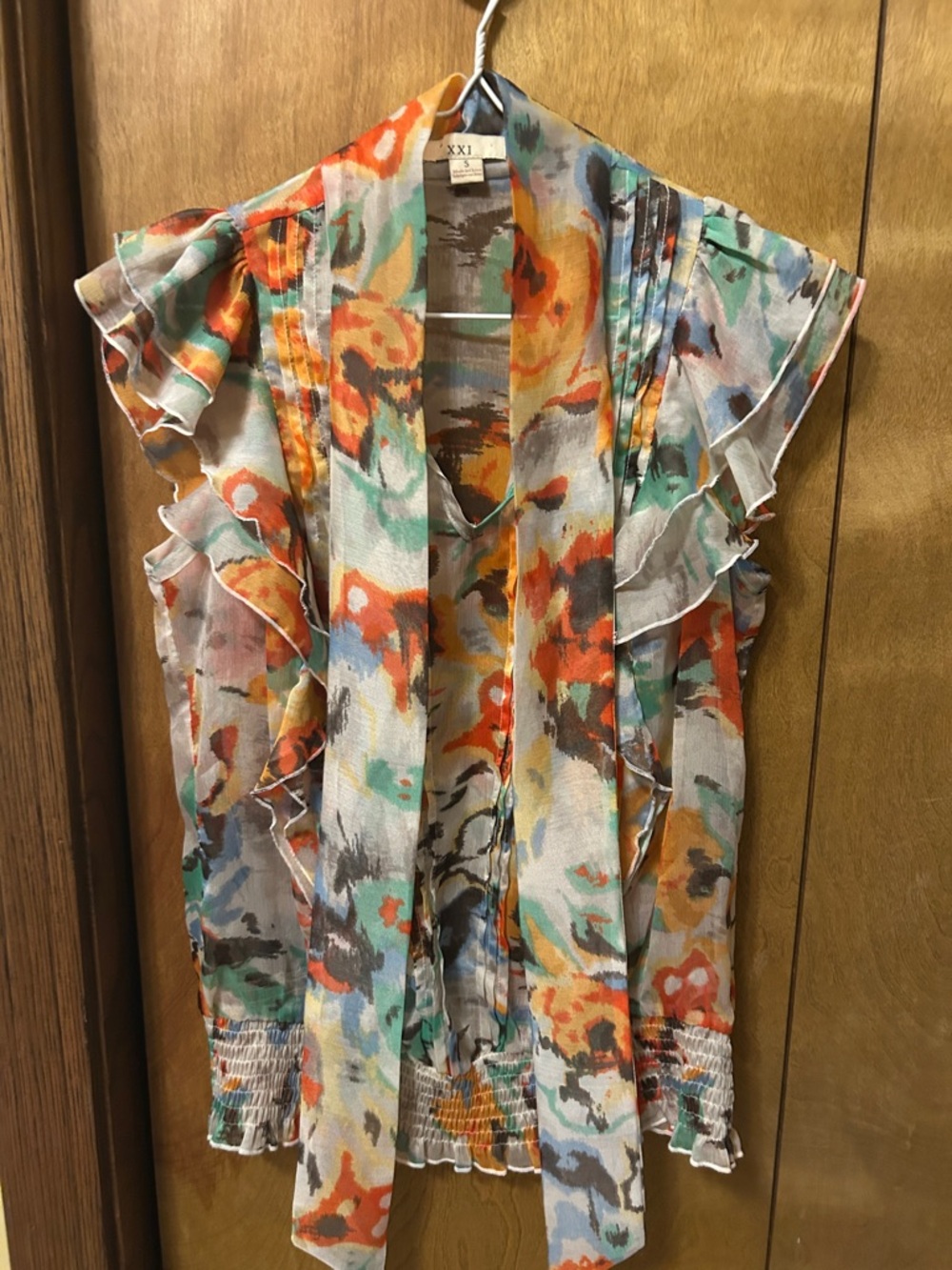 Forever 21 Orange Multi Floral Ruffle Tie-Front Blouse